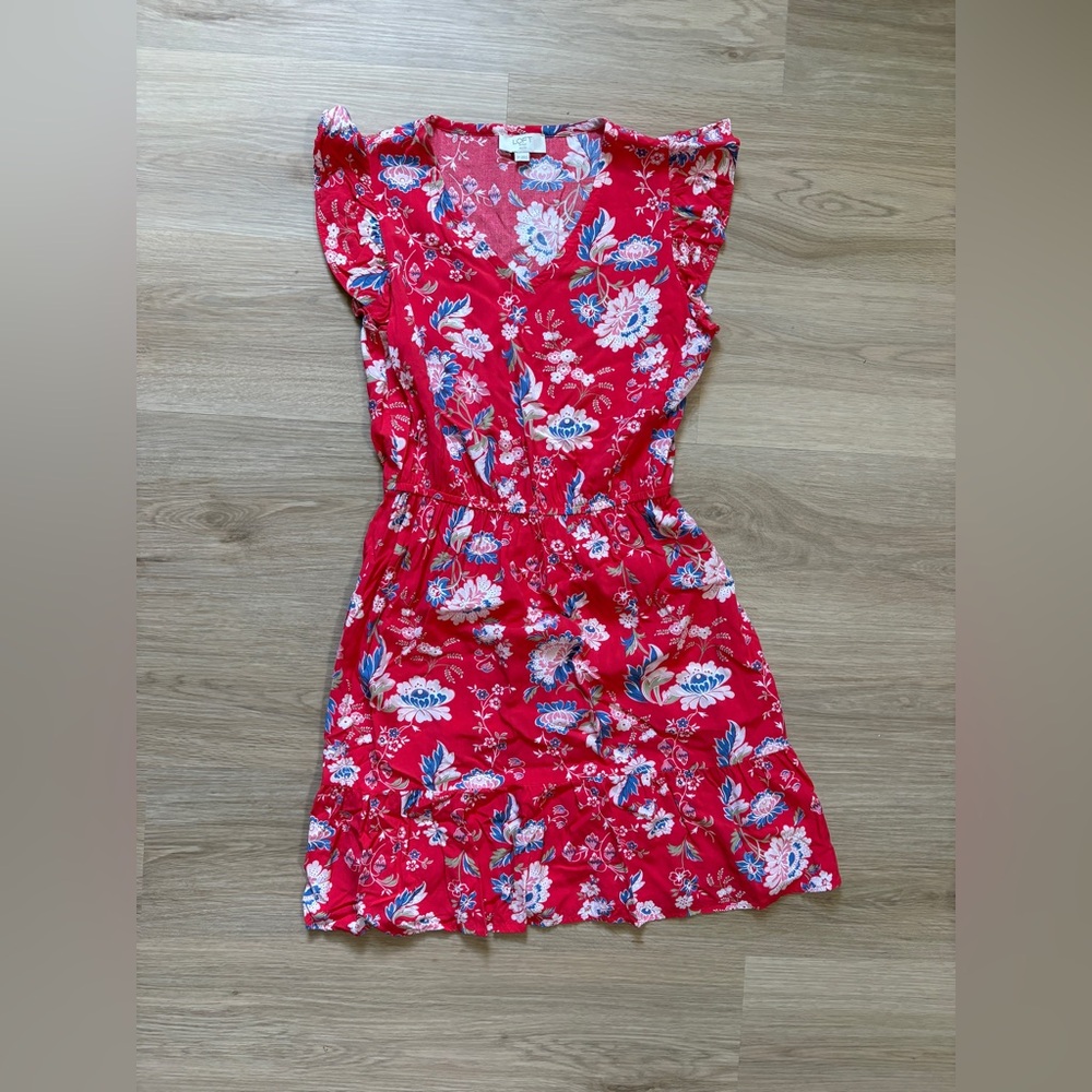 LOFT Red Floral V-Neck Flutter Sleeve Mini Dress